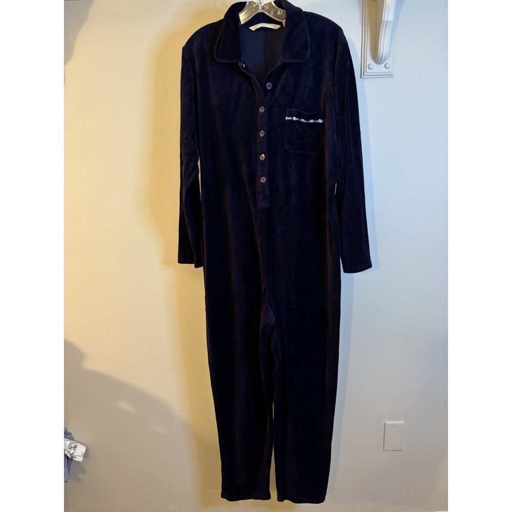 VTG VICTORIA'S‎ SECRET Navy Blue Velour Jumpsuit L Pajamas Lounge Cozy